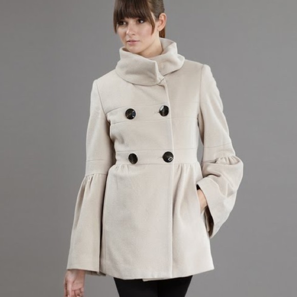 LOFT Oatmeal Bell Sleeve Empire Waisted Peacoat - Picture 1 of 11